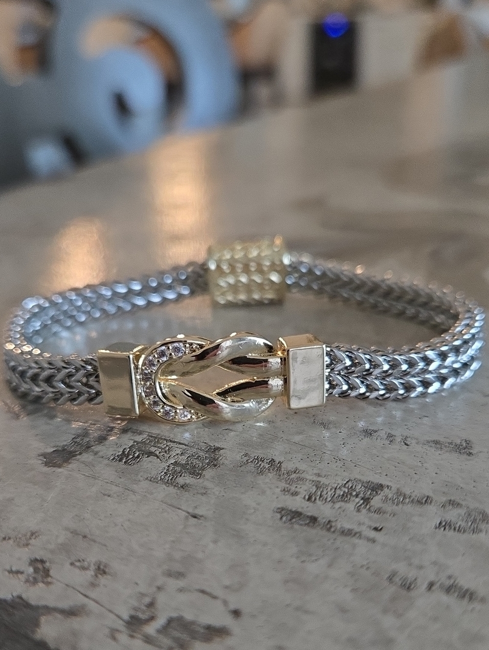 Silver Chain Bracelet with Gold Center Station and Genuine CZ Pave Accents, NEW